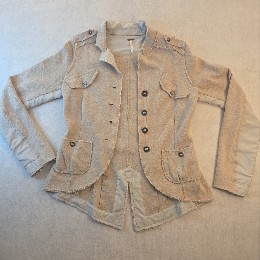 Free People Military Blazer Med Jacket Raw Edge Boho Steampunk Knit Coat Beige